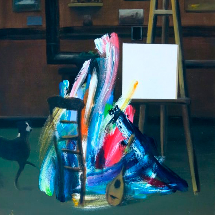A obra mostra um ateliê escuro, com pequenos quadros ao fundo. Ao centro, pinceladas largas e coloridas formam uma composição abstrata diante de uma pequena escada. À direita, um cavalete sustenta uma tela branca com uma única pincelada amarela e, à esquerda, aparece parcialmente a silhueta de um cachorro.