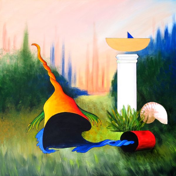 A obra apresenta uma paisagem em tons suaves, com vegetação verde e fundo rosado. À esquerda, destaca-se uma grande forma amarela, laranja e preta ligada por uma faixa azul a um cilindro vermelho. À direita, há uma coluna branca com uma forma amarela no topo, plantas verdes e uma concha rosada ao lado.
