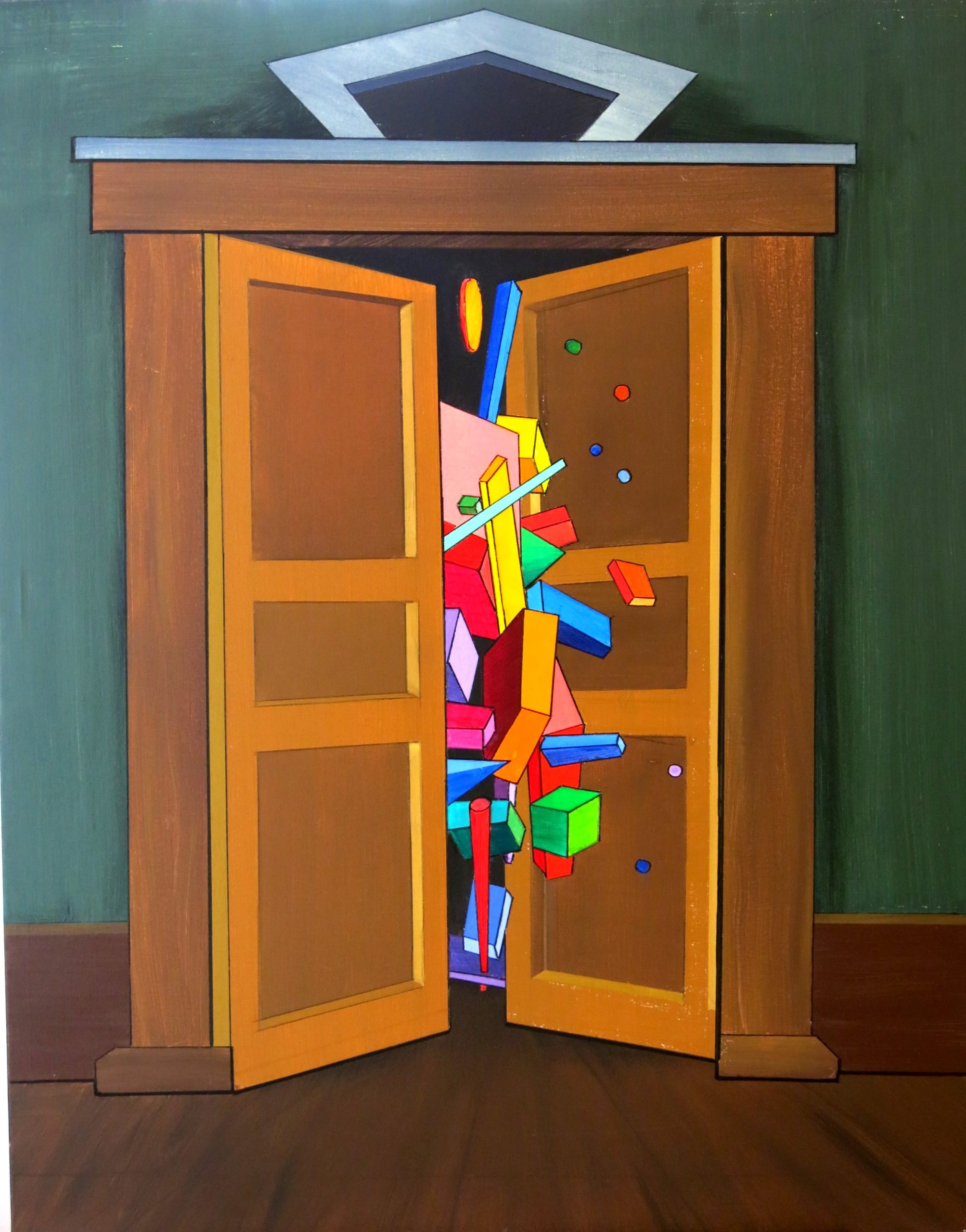 Pintura de um armário de madeira visto de frente, com duas portas abertas. No interior escuro, várias formas geométricas coloridas, como blocos, barras, cubos e cilindros, aparecem amontoadas e projetadas para fora. Predominam tons de vermelho, amarelo, azul, verde e rosa. O móvel está sobre um piso marrom, diante de uma parede verde-escura.